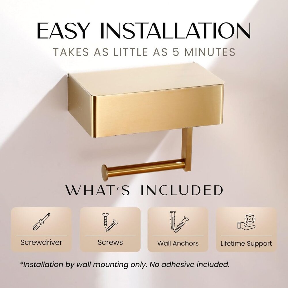 Day Moon Brushed Gold Toilet Paper Holder with Shelf, Wipe Holder for Bathroom F - Picture 5 of 8